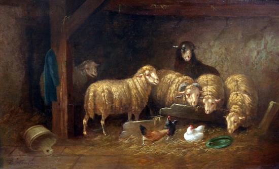 D* Newby (19th century), oil on canvas, sheep in barn interiors with chickens and ducks, a pair, signed 40 x 67cm